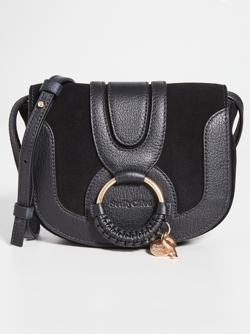 See By Chloe Black Leather and Suede Hana Mini Crossbody with Braided Ring